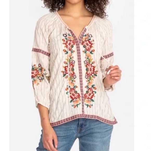 Johnny Was Tops - Johnny Was Peasant Blouse Top Boho Cream Embroidered 3/4 Sleeve  SZ S EUC